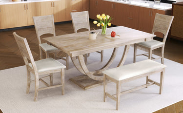 6-Piece Wood Half Round Dining Table Set With Long Bench & 4 Chairs